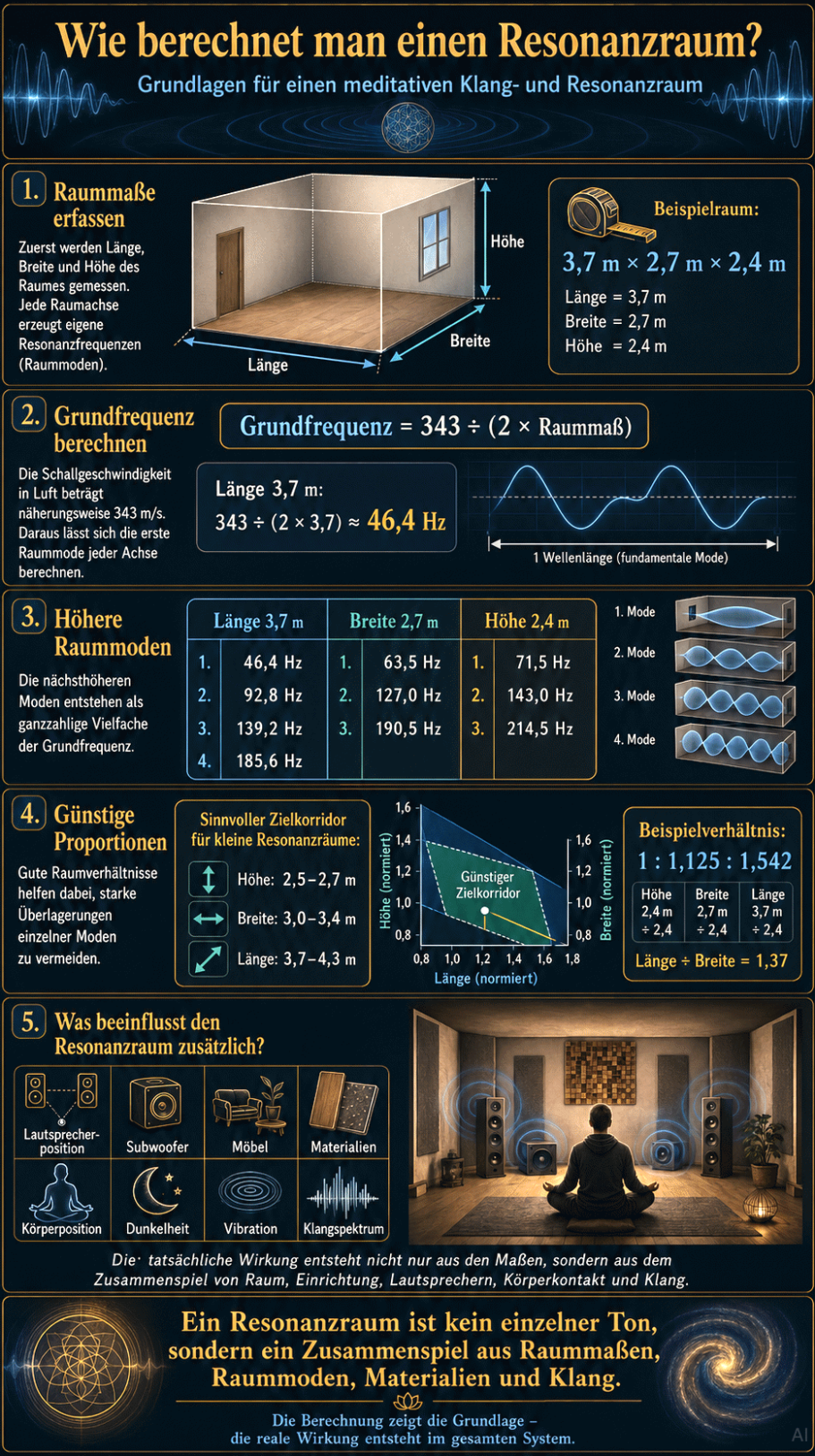 Infografik zum Resonanzraum: Schritte, Kosten, Materialien und Zeitrahmen übersichtlich dargestellt.