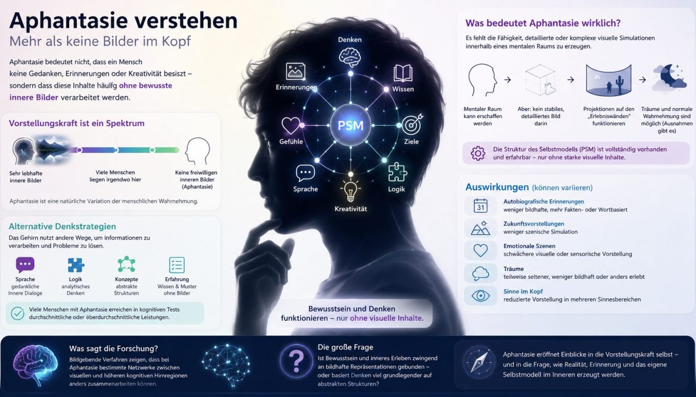 Grafik über Aphantasie mit Informationen zur inneren Wahrnehmung und Zugänglichkeit.