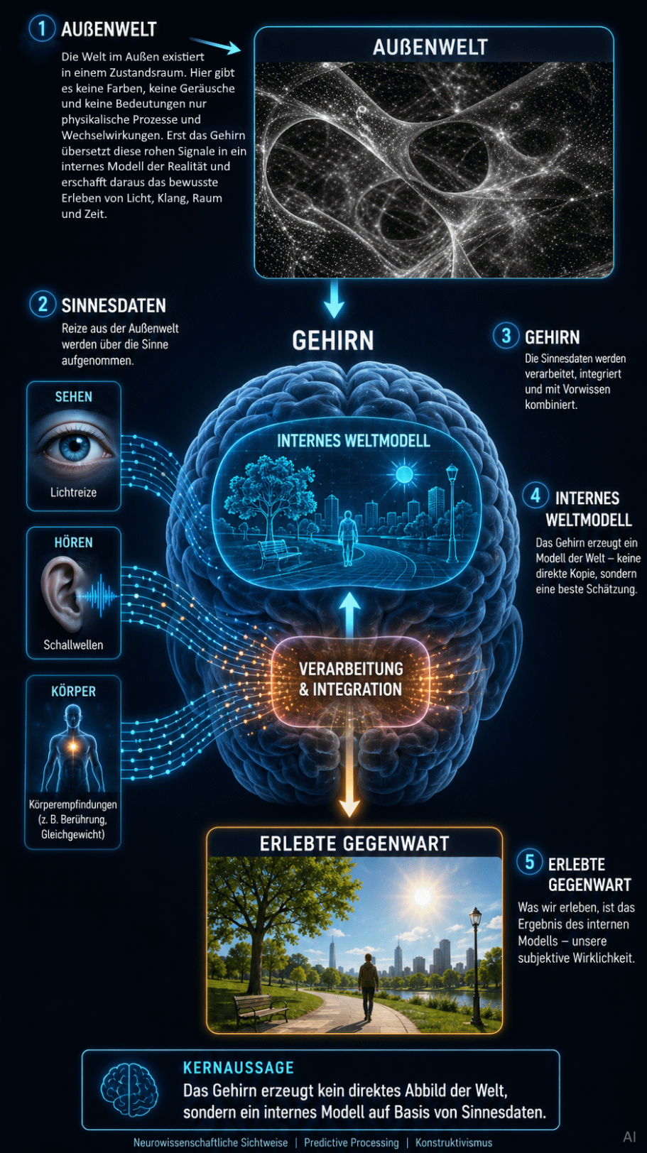 Wahrnehmung der Welt Grafik, die die Funktionsweise eines neuronalen Netzwerks mit schematischen Elementen zeigt.