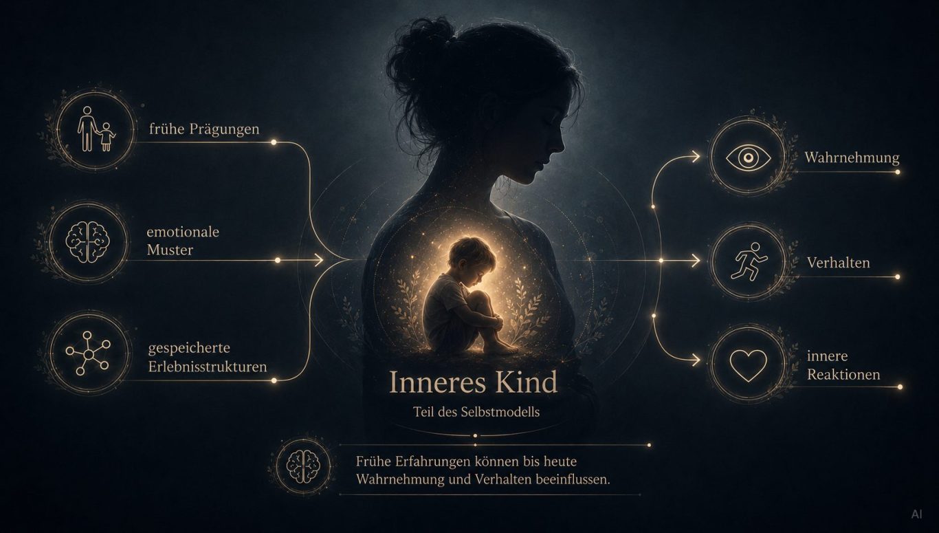 Grafik über das innere Kind Grafik über das innere Kind mit Konzepten, Symbolen und Erklärungen zur emotionalen Heilung.