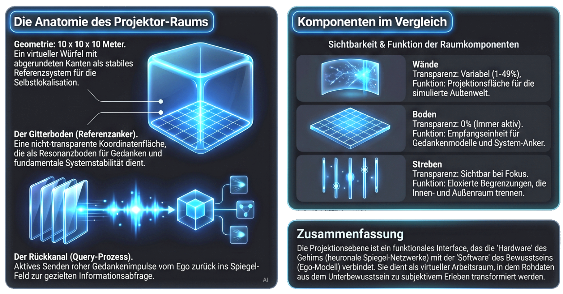 Anatomie des Projektor Raums Diagramm, das den Aufbau und Vergleich von Populationsräumen und deren Komponenten zeigt.