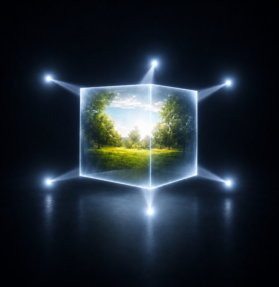 Der Projektor Raum als Bild Ein leuchtender, transparenter Würfel mit einer grünen Landschaft und Himmel im Inneren.