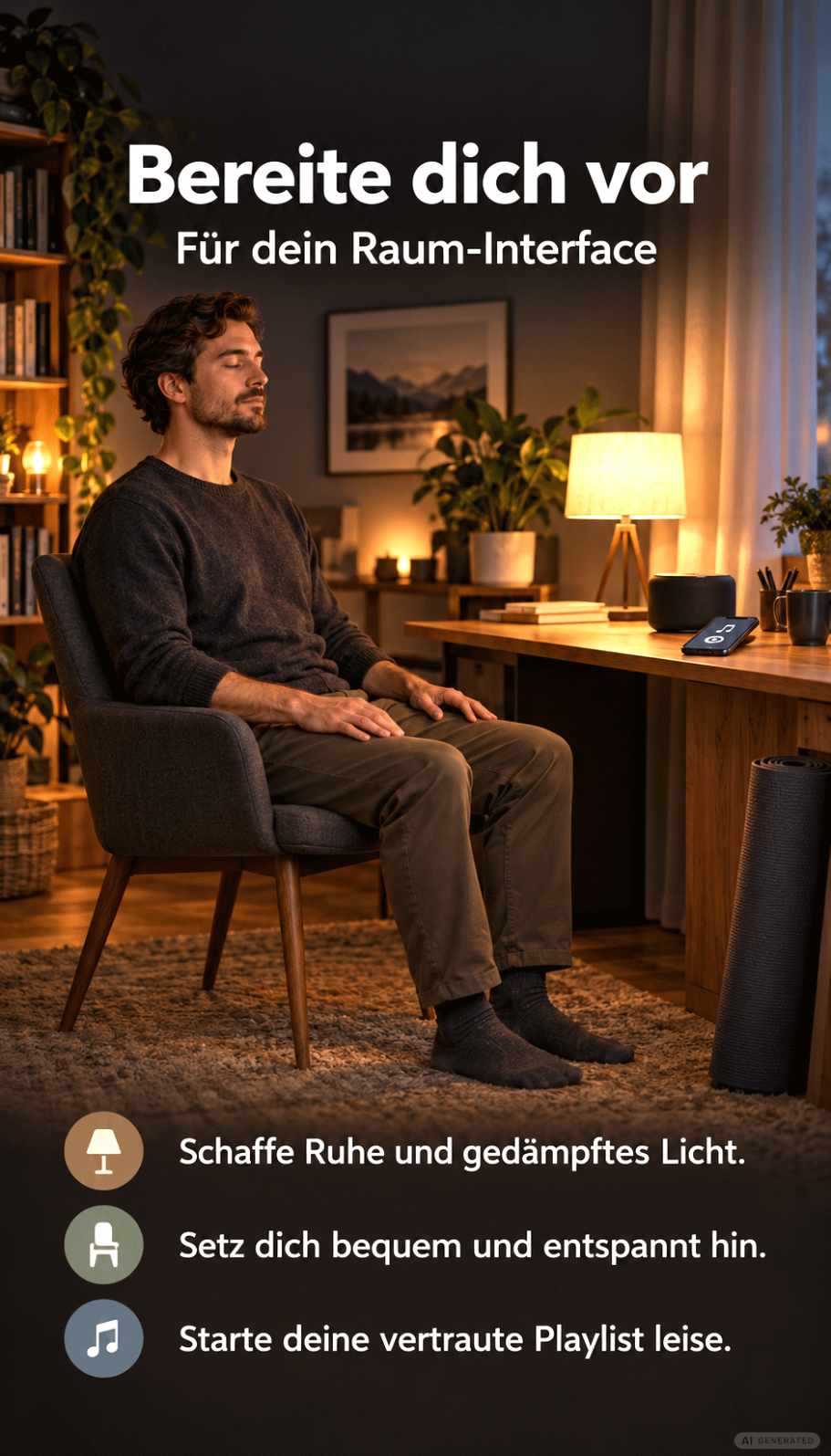 Vorbereitung Ein Mann sitzt auf einem Stuhl und bereitet sich auf eine Meditation vor.