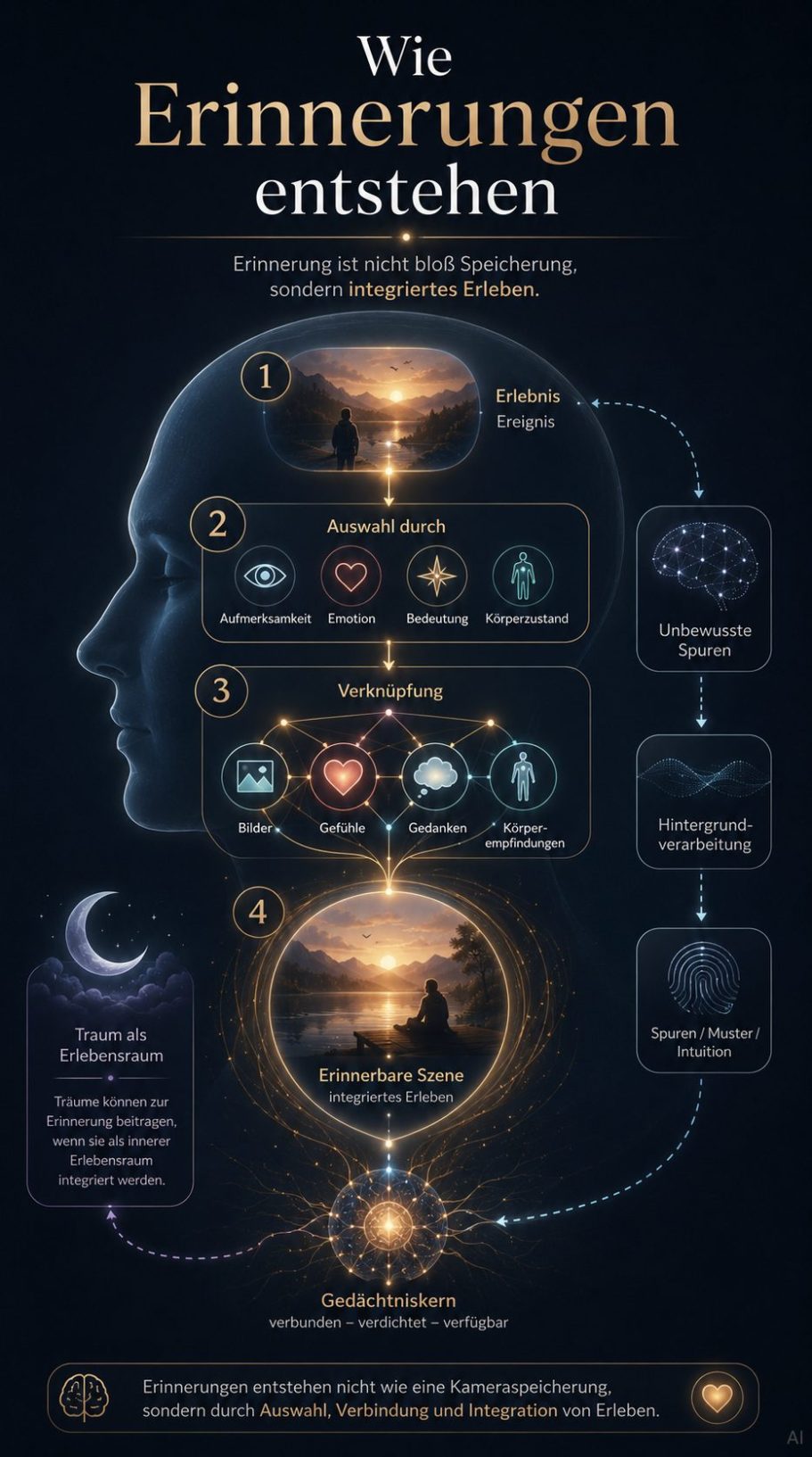 Entstehung Erinnerungen Diagramm zur Entstehung von Erinnerungen mit verschiedenen Phasen und Prozessen.