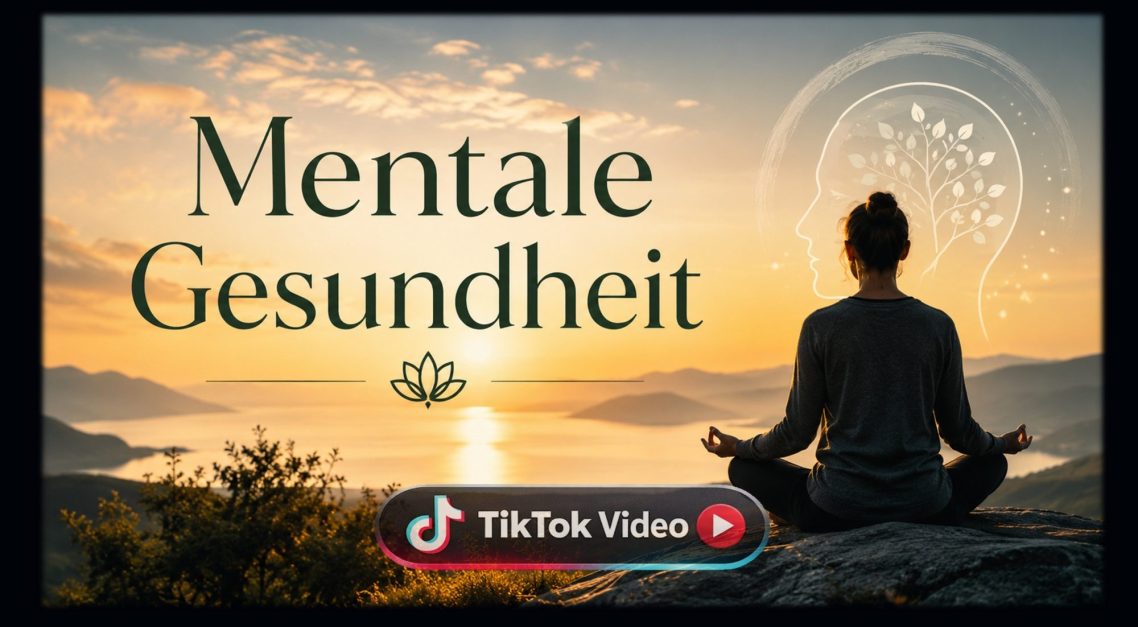 Link für TikTok video Frau meditiert am See bei Sonnenuntergang, Titel: Mentale Gesundheit.