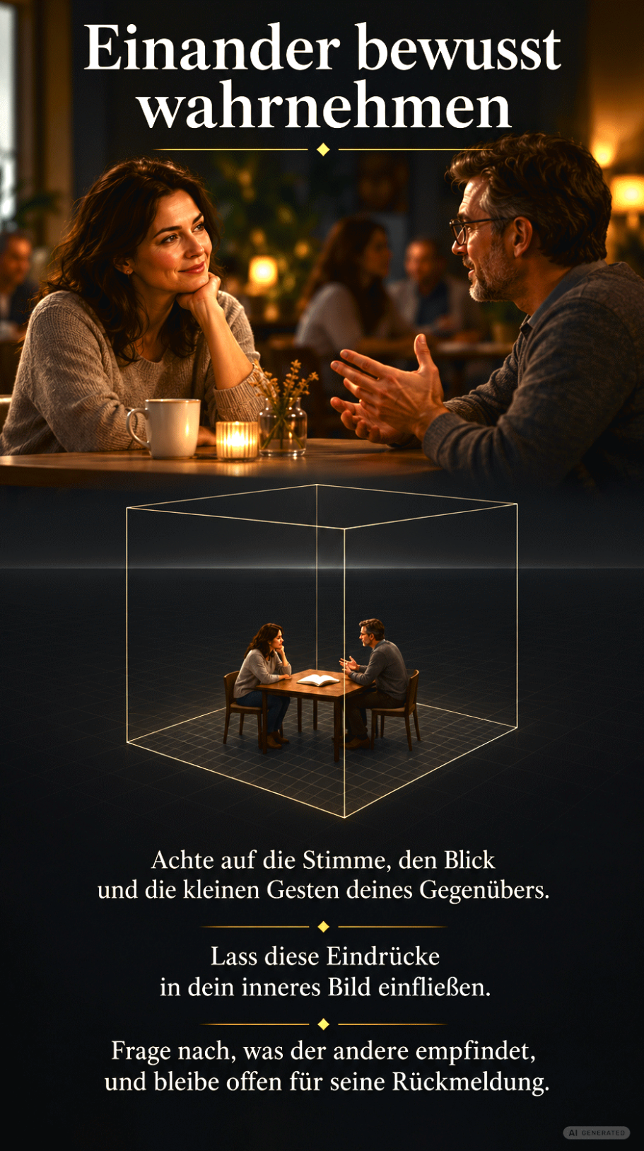 Einander bewusst wahrnehmen Zwei Menschen führen an einem Tisch ein gemeinsames tiefes Gespräch.