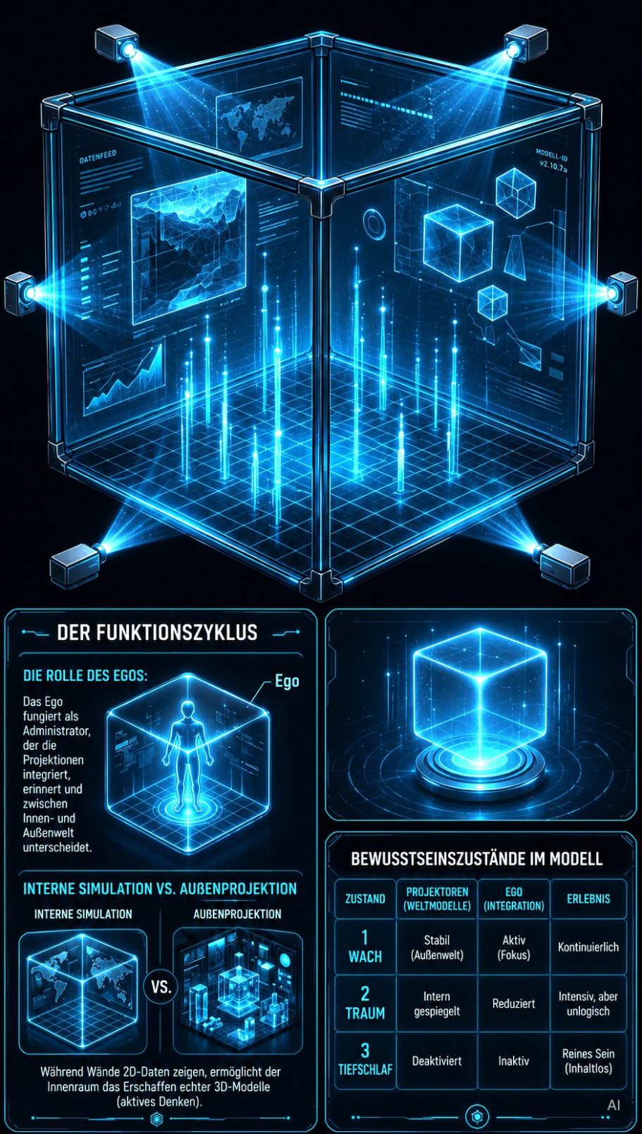 2D und 3D erleben Interaktive, holographische Darstellung eines Datenwürfels mit Analyse-Features.