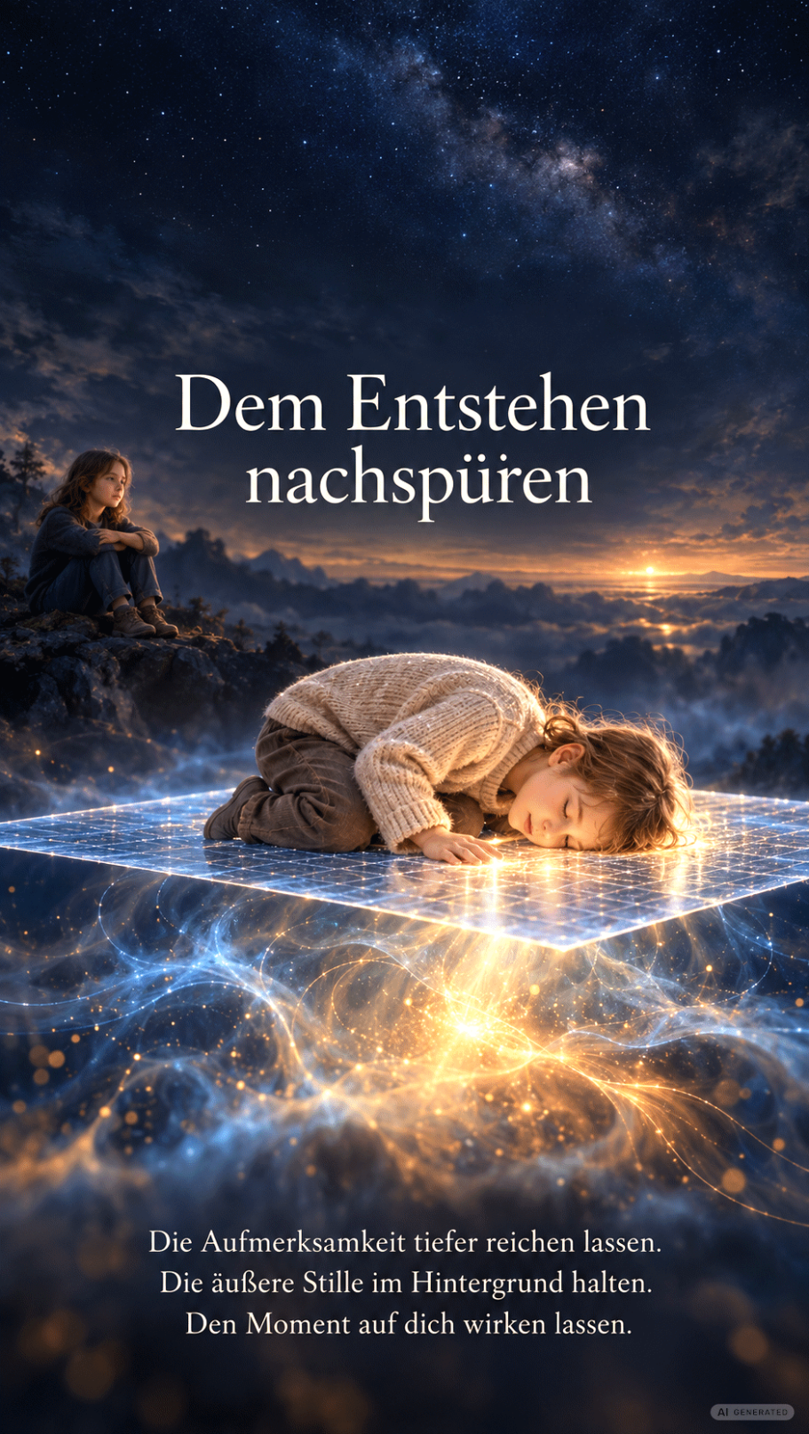 Das Entstehen nachspüren Das Innere Kind lauscht auf der Gedankenprojektionsfläche in die Tiefe darunter. Mit kurzer Erklärung