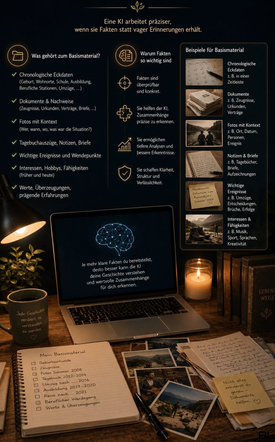 Anleitung Material Kindheit Ein Schreibtisch mit laptop, Notizen, Kerze und dekorativen Elementen in warmem Licht.
