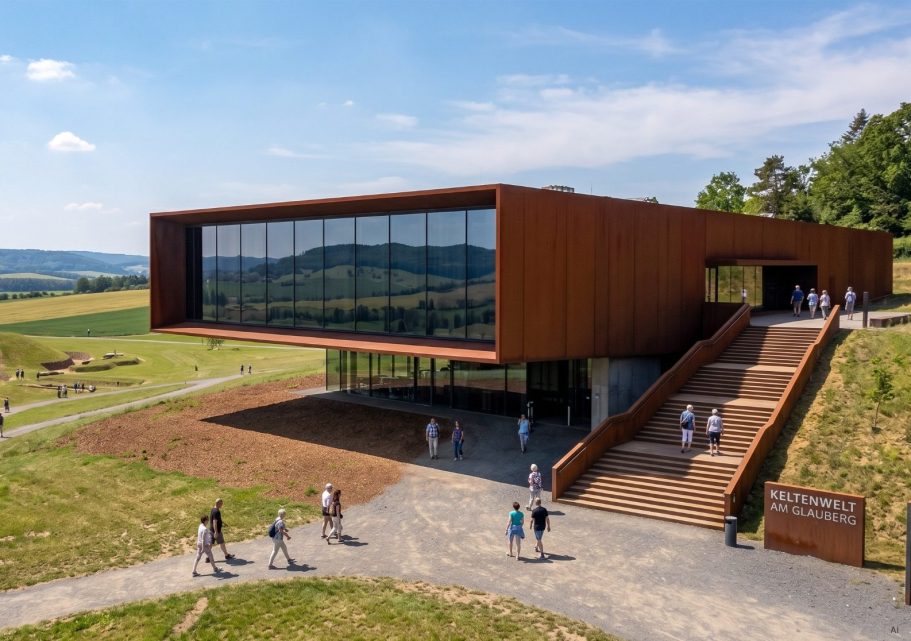 Keltenwelt Museum Moderne Architektur mit großen Glasflächen und umliegender Landschaft.
