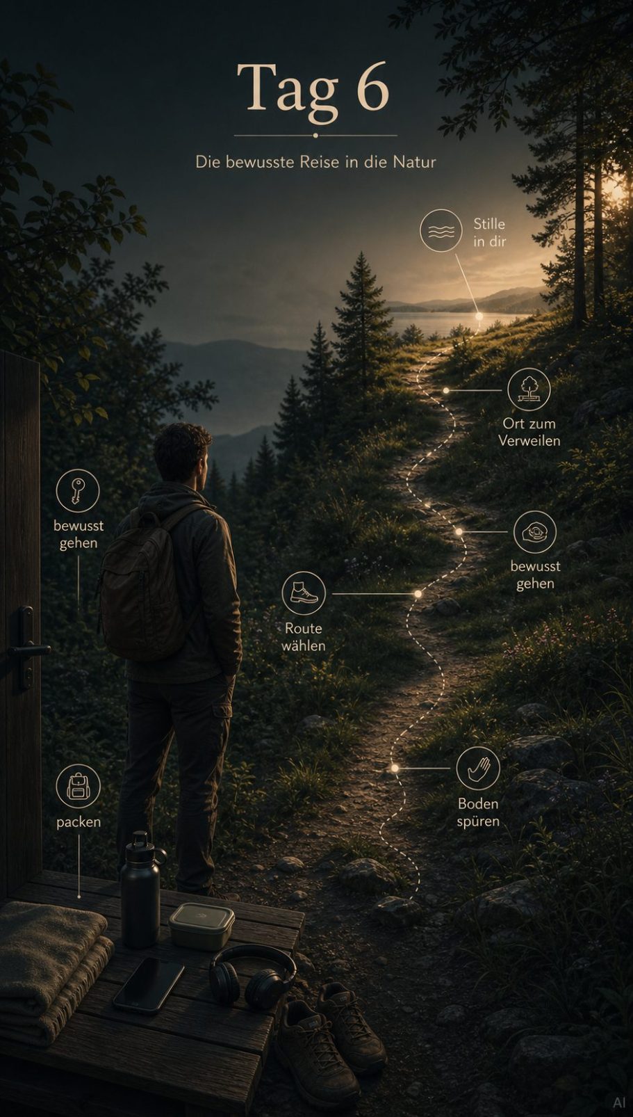 Route Planen Ein Junge steht auf einem Pfad durch den Wald, umgeben von Natur und sanfter Abendbeleuchtung.