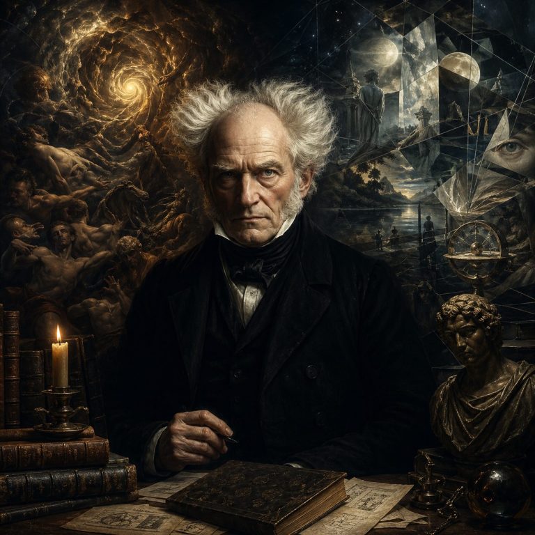 Ein älterer Mann mit zerzaustem Haar sitzt an einem Tisch mit Büchern und Kerzen.
