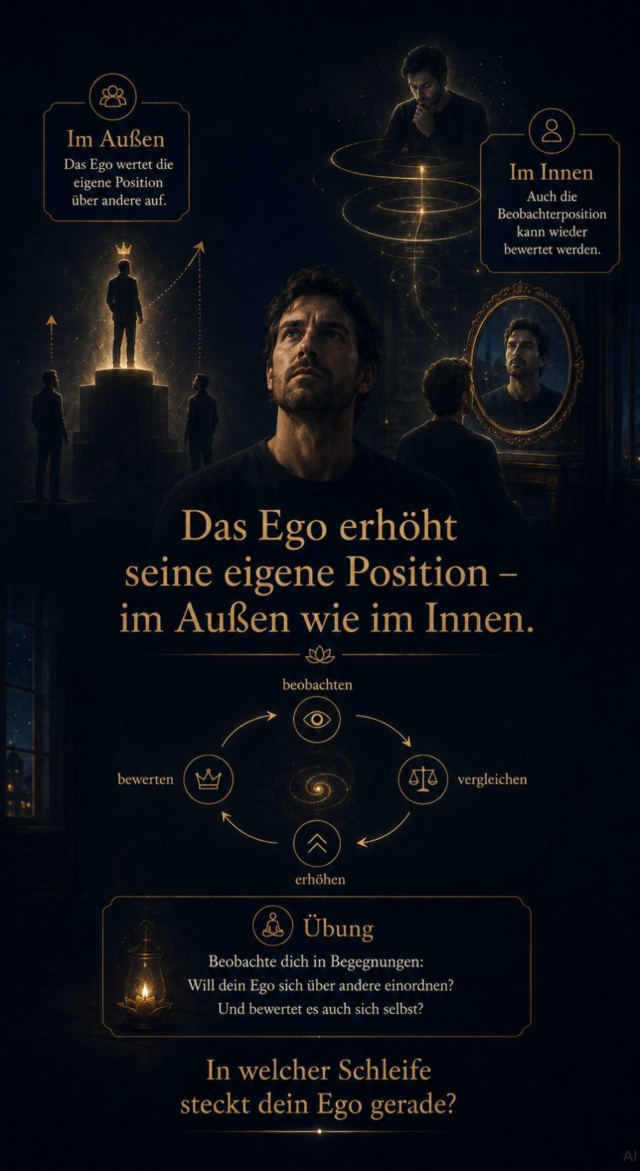 Mann blickt nach oben, umgeben von skulpturalen Figuren und goldenen Elementen.