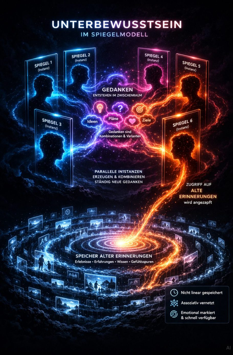 Das Spiegelmodell Grafik zeigt eine Struktur des Unterbewusstseins mit Diagrammen und farbigen Verbindungen.
