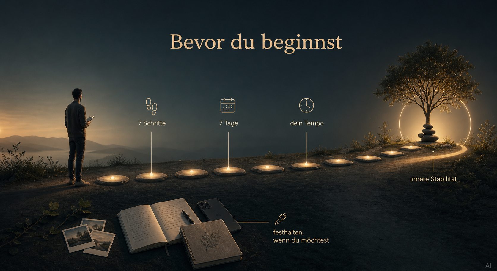 Guidline Ein Weg mit Lichtern führt zu einem Baum, umgeben von einer ruhigen Landschaft.