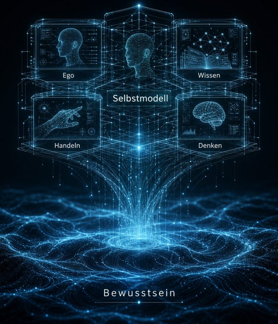 Bewusstseinsmodell Grafik mit Themen wie Selbstmodell, Wissen, Denken, Handeln und Bewusststein in aufeinander geschichteten Ebenen.