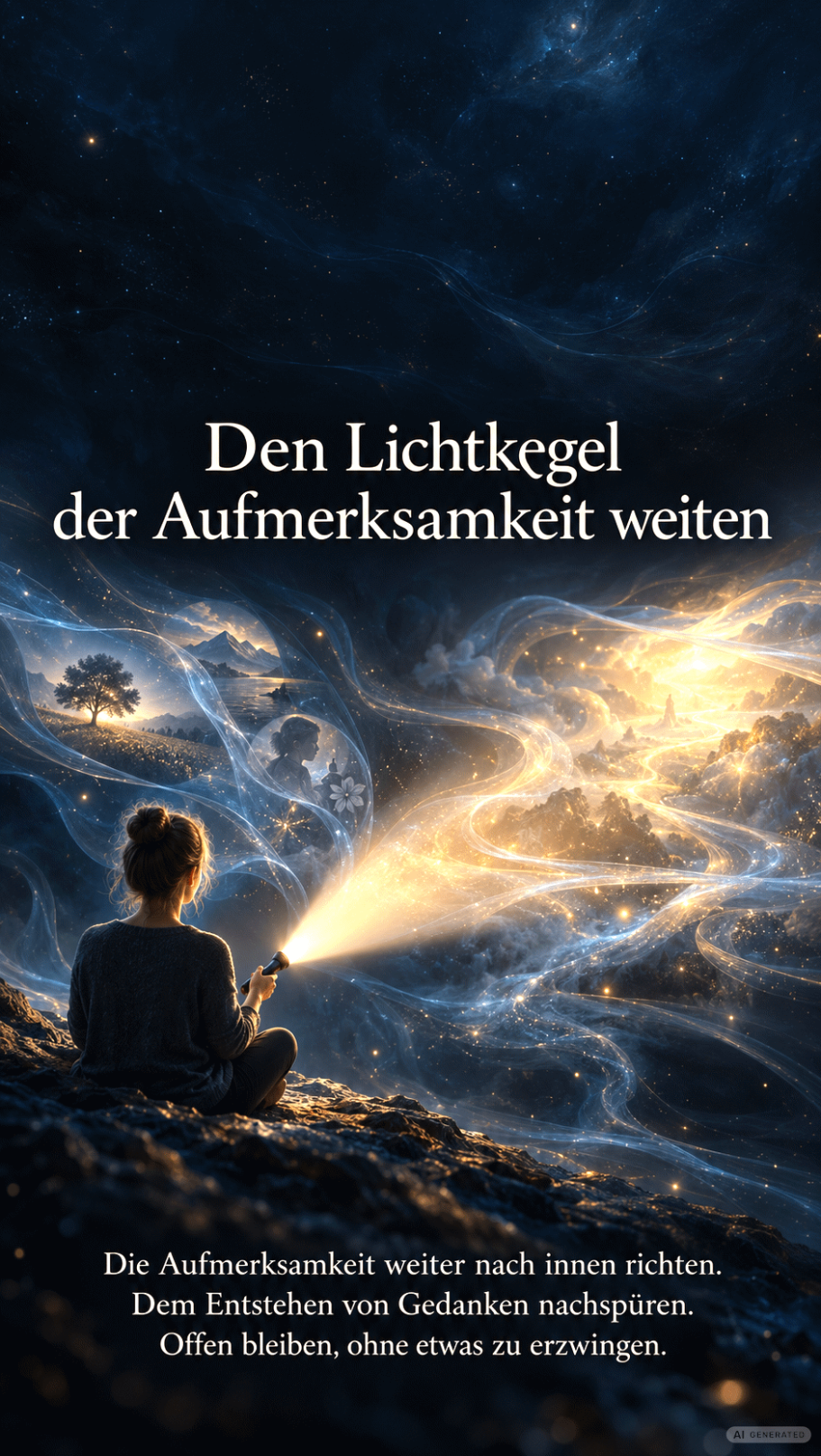 Der Lichtkegel der Aufmerksamkeit Eine Frau leuchtet mit ihrer Taschenlampe in den Bereich wo ihre Gedanken entstehen.