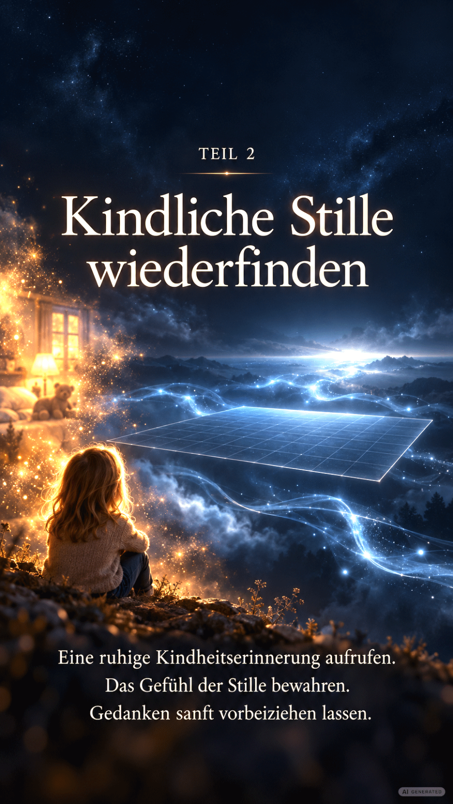 Kindliche Stille wiederfinden Kind sitzt neben der Gedanken-Projektionsfläche und schaut auf diese.