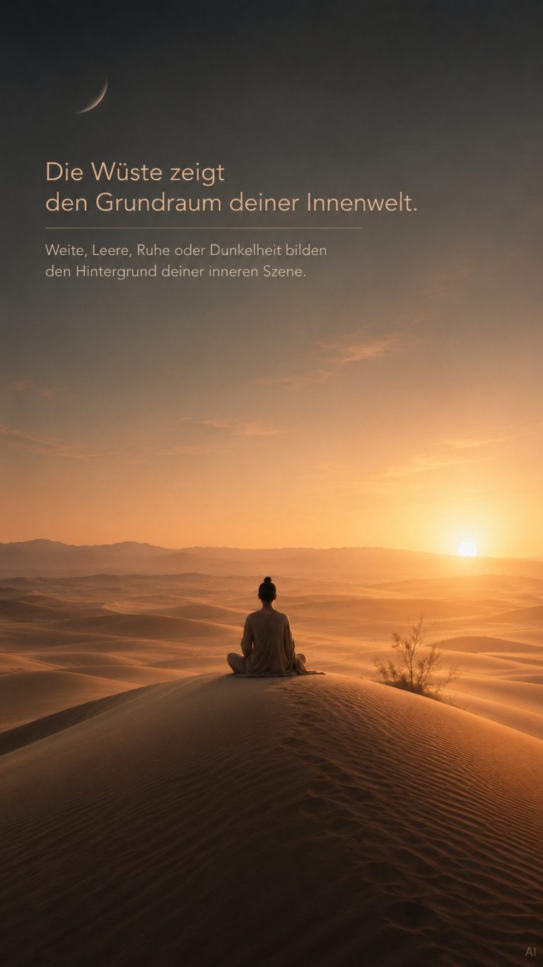 Die Wueste Eine meditierende Person sitzt auf einer sandigen Düne bei Sonnenuntergang.