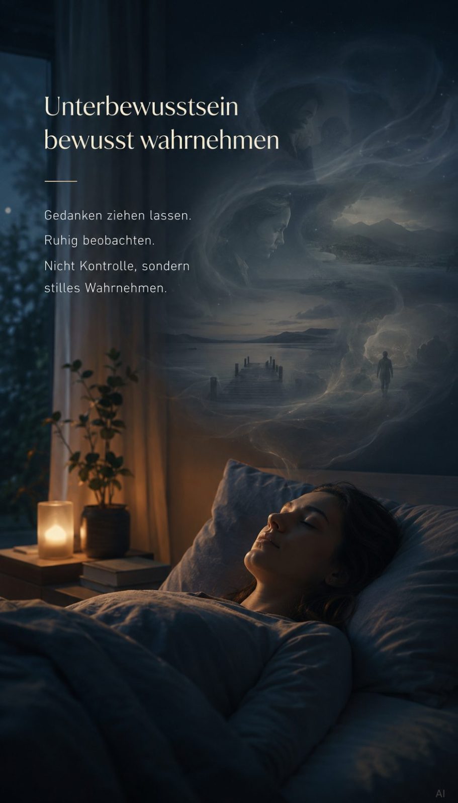 Übung unterbewusstsein Frau schläft ruhig im Bett, umgeben von sanftem Licht und träumerischer Atmosphäre.
