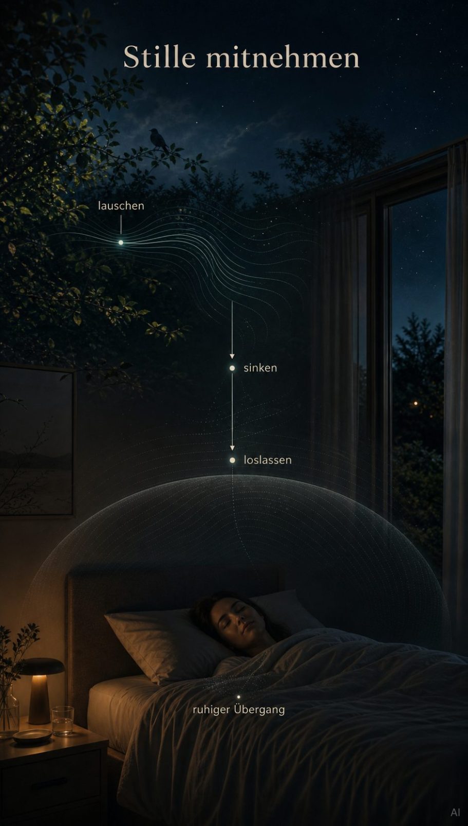 Schlaf finden Ein schlafender Mensch in einem Schlafzimmer bei Nacht, umgeben von beruhigenden Lichtern.