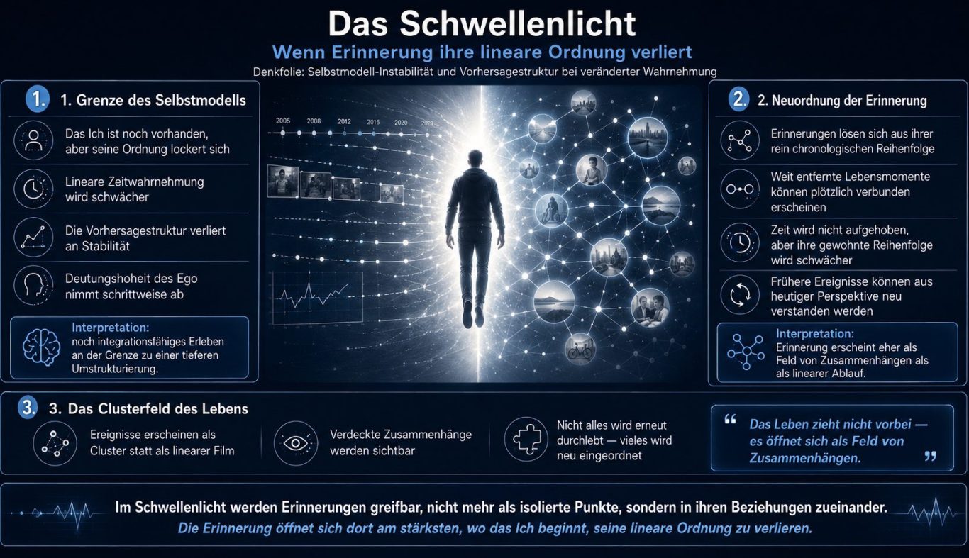 Menschliche Silhouette umgeben von leuchtenden, energetischen Symbolen und Texten.