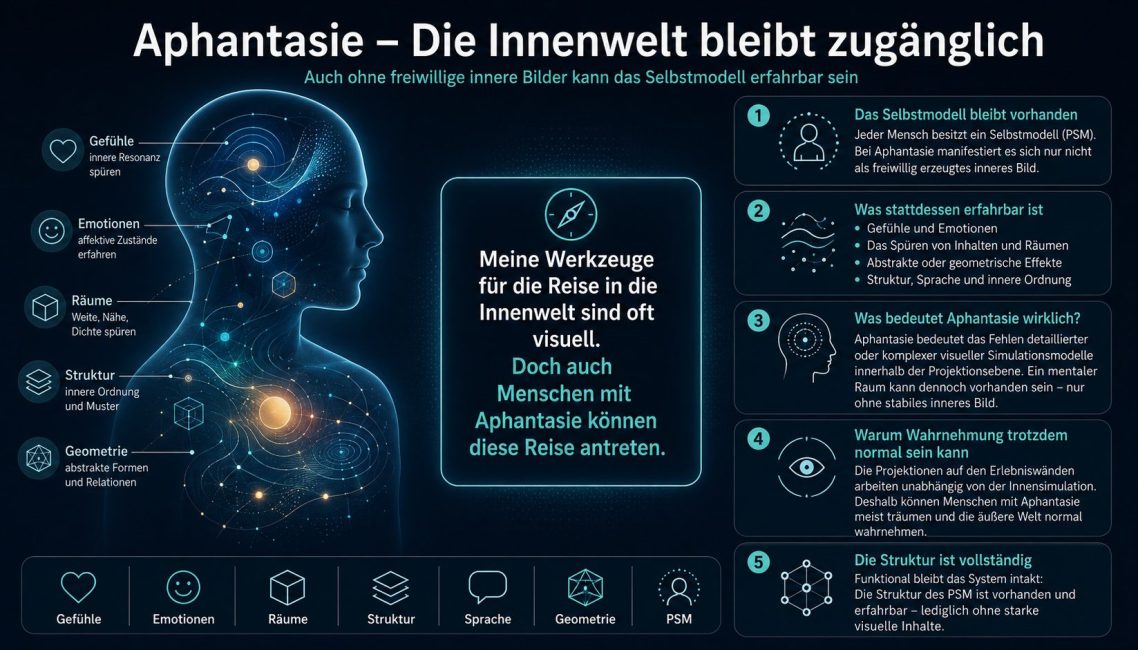 Grafik über Aphantasie mit Informationen zur inneren Wahrnehmung und Zugänglichkeit.