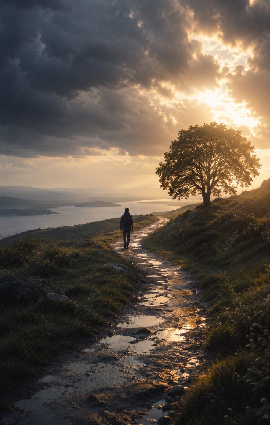 Mann geht durch die Welt Eine Person geht auf einem Pfad neben einem Baum bei Sonnenuntergang mit dramatischem Himmel.
