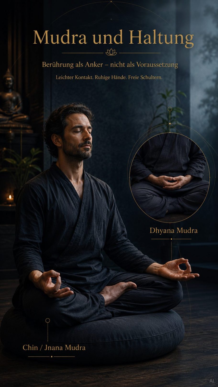 Mann in meditativer Haltung mit Mudra, umgeben von einem spirituellen Ambiente.