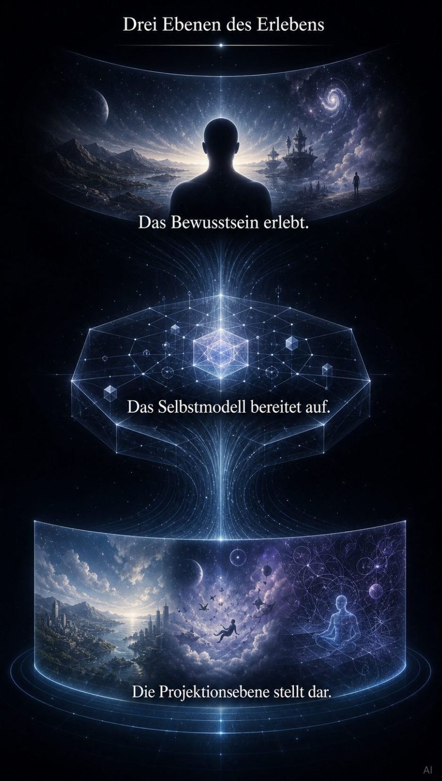 Drei Ebenen des Erlebens Drei Szenen des Universums mit galaktischen und mystischen Elementen.
