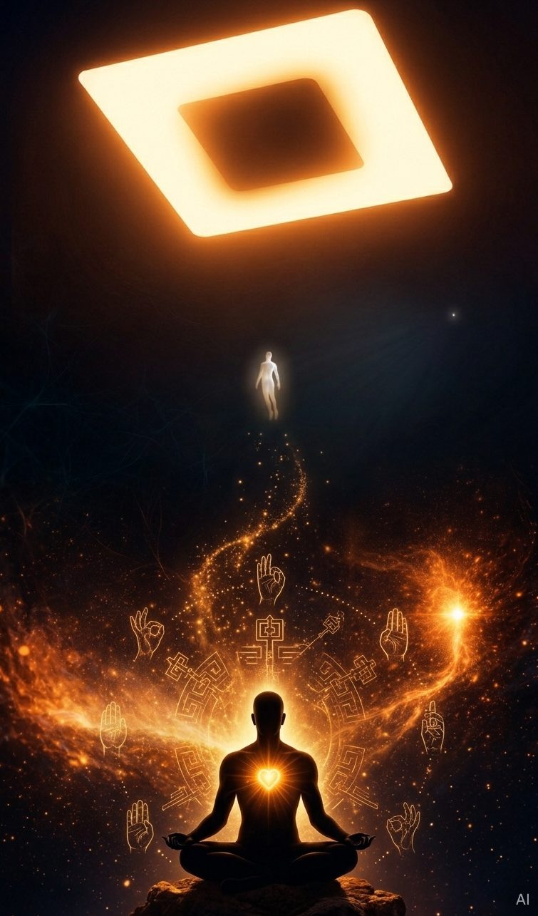 Ego wird still Meditierende Figur vor einem leuchtenden Quadrat und kosmischem Hintergrund.