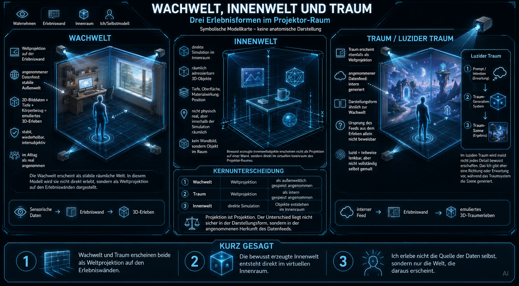 Wie 3D erleben entsteht Vergleich zwischen Emulation und echtem 3D, mit visuellen und textlichen Informationen.