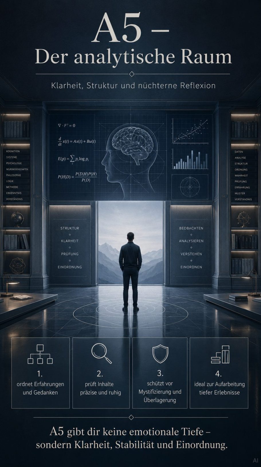 A5 Raum erklärt A5 – Analytischer Raum mit Grafiken und einer Person, die nachdenklich steht.