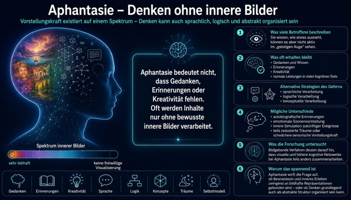 Grafik über Aphantasie mit Informationen zur inneren Wahrnehmung und Zugänglichkeit.