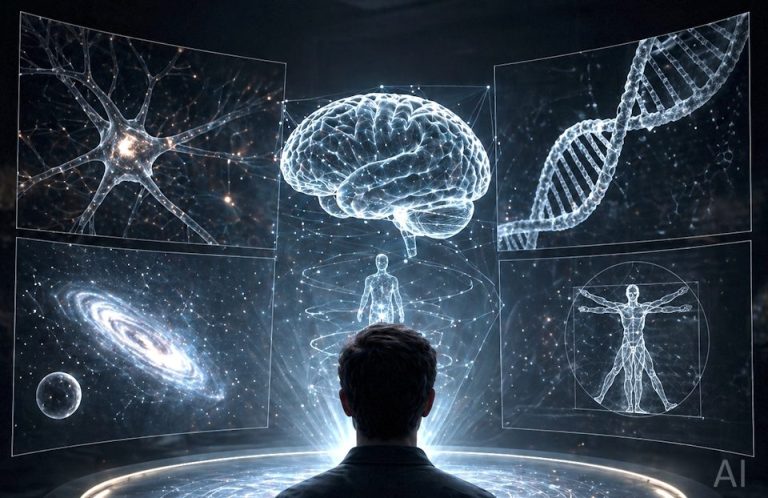 Person betrachtet holographische Darstellungen von Gehirn, DNA und Galaxien.