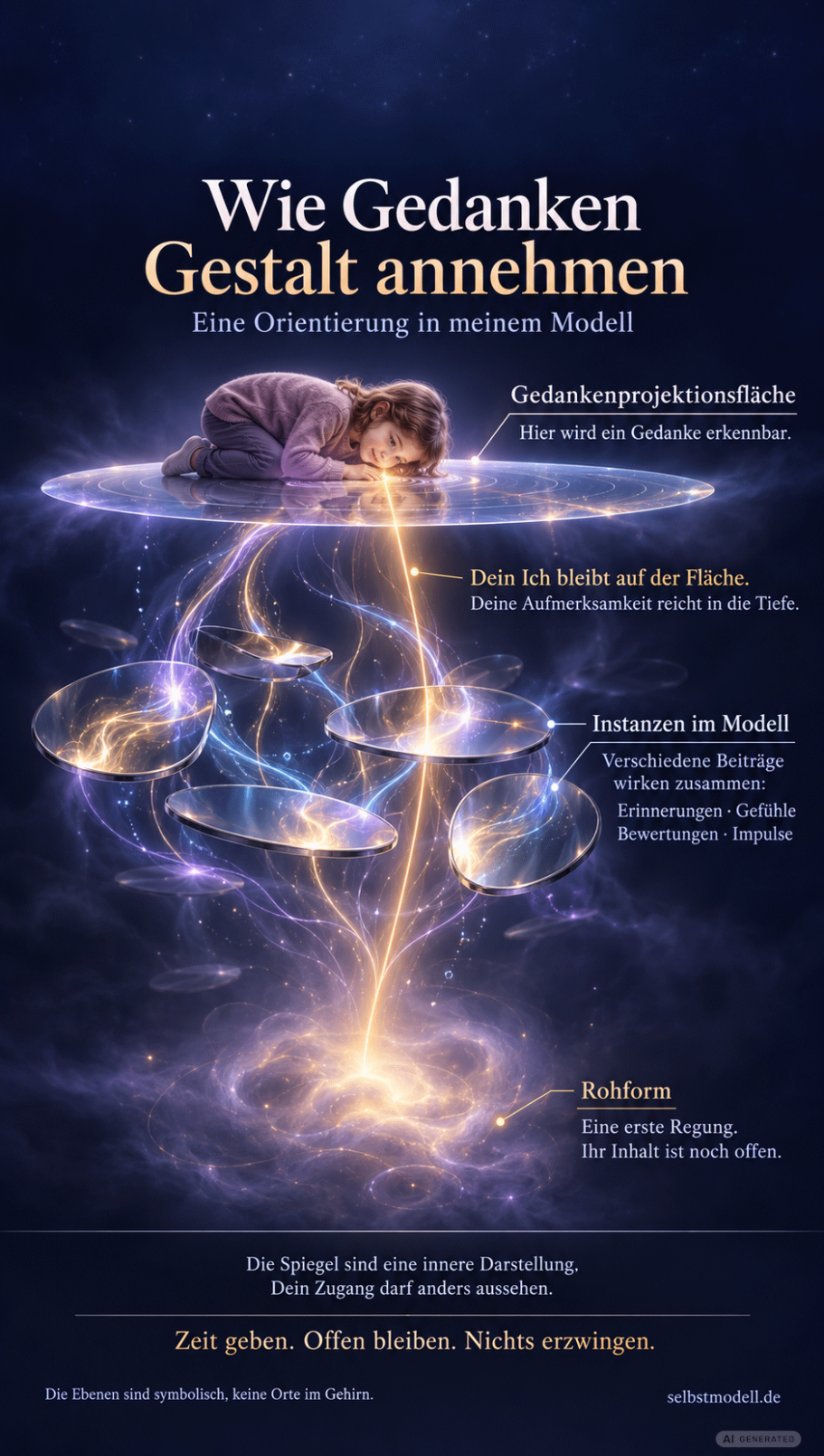 Gedanken nehmen Gestalt an En kindliches Ich beobachtet das Unterbewusstsein beim entstehen von Gedanken.