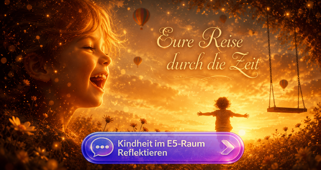 Ein Kind lächelnd Ein Kind steht lächelnd vor einem Sonnenuntergang mit Heißluftballons und swings. Mit link zum E5 Raum