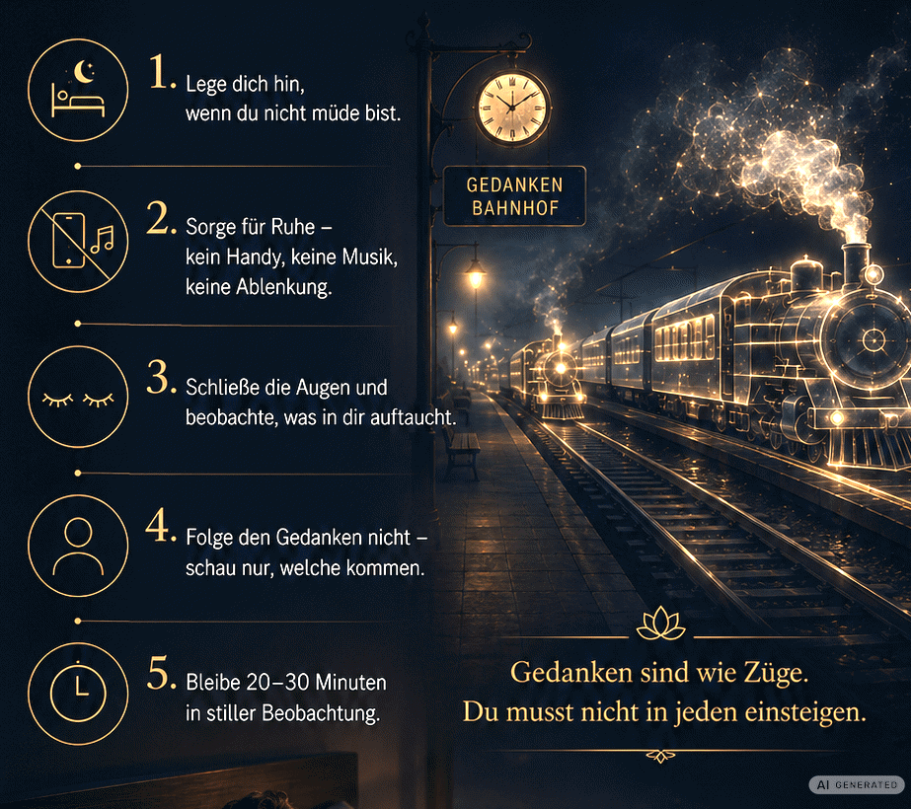 Gedankenbahnhof Zug mit Gedanken fährt im Bahnhof ein