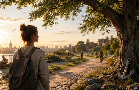 Mann meditiert vor einem Fenster mit fantastischer Landschaft und leuchtenden Figuren.