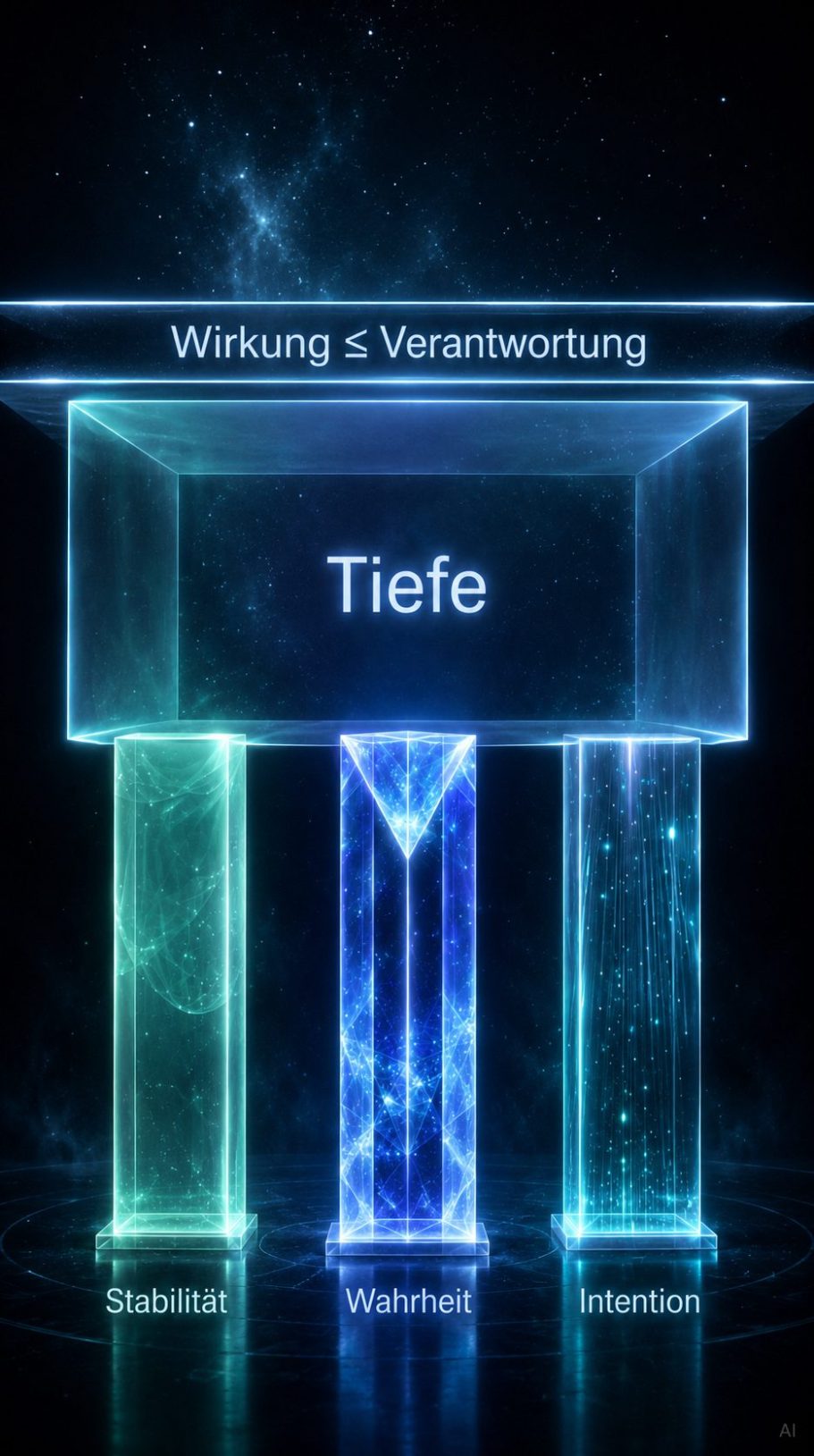Stabilität Wahrheit Intention Drei Säulen in blauer und grüner Farbgestaltung mit den Worten "Wirkung & Verantwortung" und "Tiefe".
