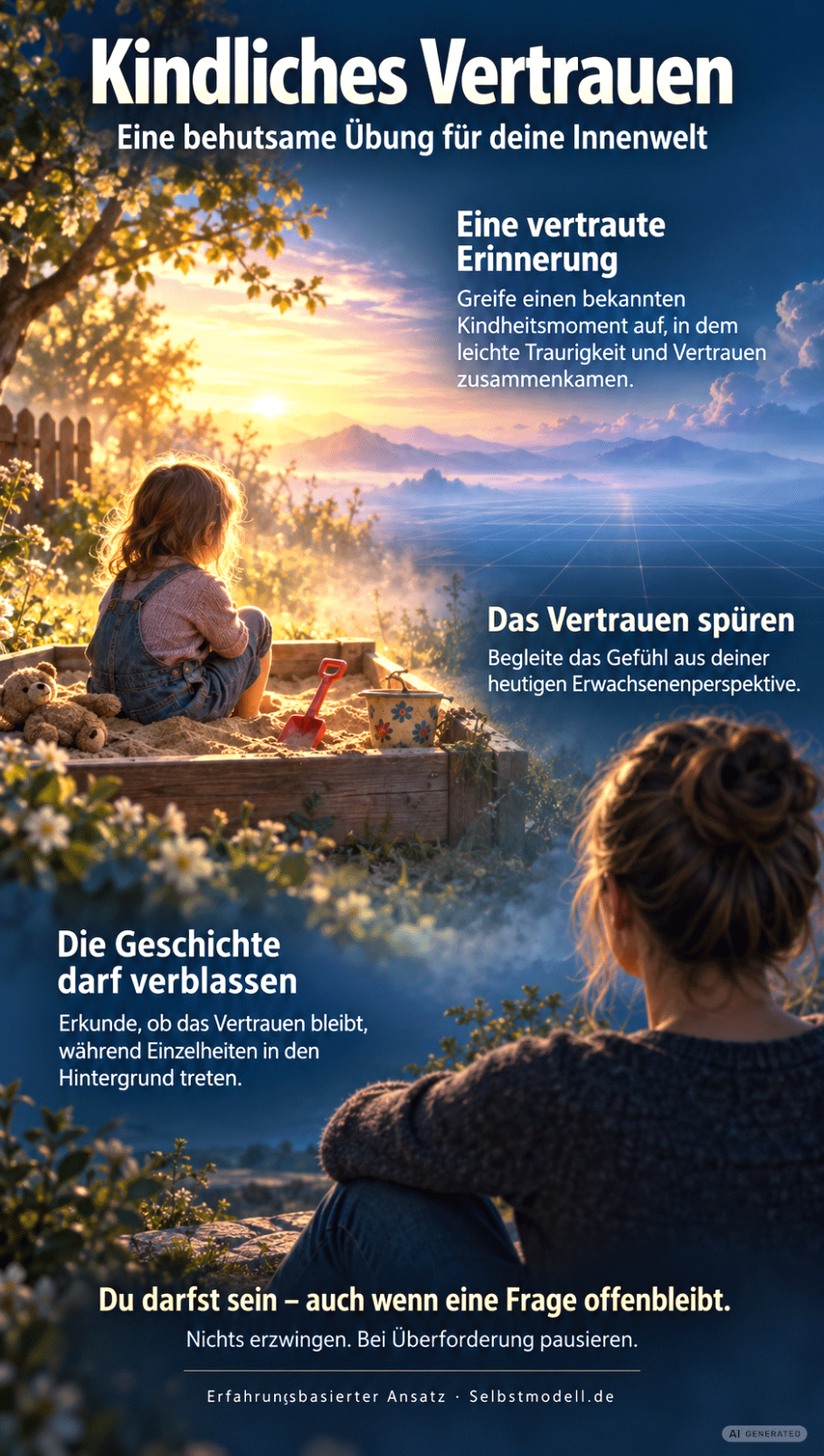 Kindliches Vertrauen Ein Kind schaut von einem Sandkasten in die Ferne Innenwelt. Eine Mutter beobachtet das Kind