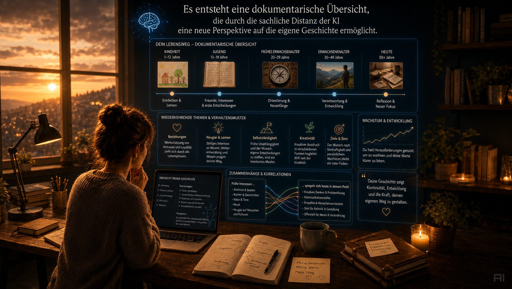 Kindheit Aufarbeiten Eine Person sitzt am Schreibtisch und betrachtet eine Grafik mit Informationen und Diagrammen.