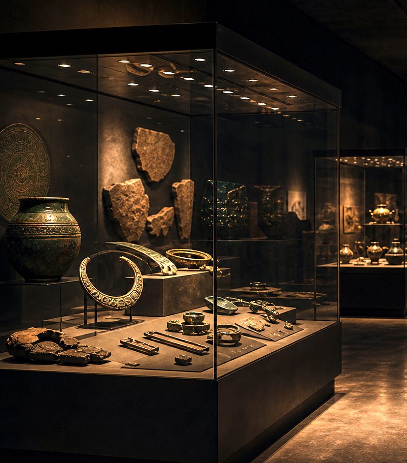 Im Museum Antike Artefakte, darunter Schmuck, Keramik und Steinreliefs, in einem dunklen Ausstellungsraum.