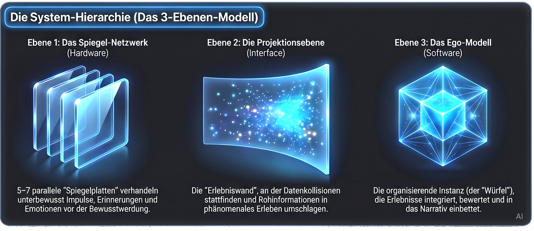 Erleben des Egos Diagramm, das drei Phasen eines hierarchischen Daten- und Rechenmodells darstellt.