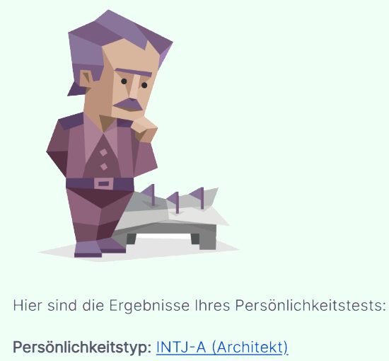 Männlicher Charakter in lila Kleidung denkt nach, Ergebnisse eines Persönlichkeitstests.