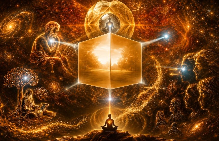 Projektionsebene Fantasievolle Darstellung von Meditation, Energie und kosmischen Elementen in leuchtenden Farben.