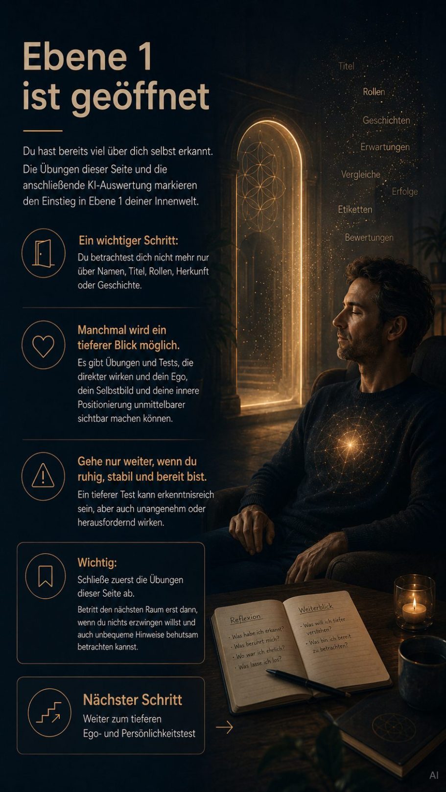 Abschluss bild Person sitzt nachdenklich bei Kerzenlicht mit Notizen und einem offenen Buch.