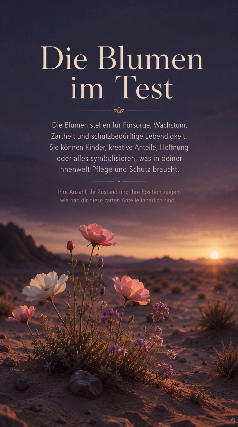 Die Blumen Blumen in einer trockenen Landschaft bei Sonnenuntergang. Text über den Blumentest.
