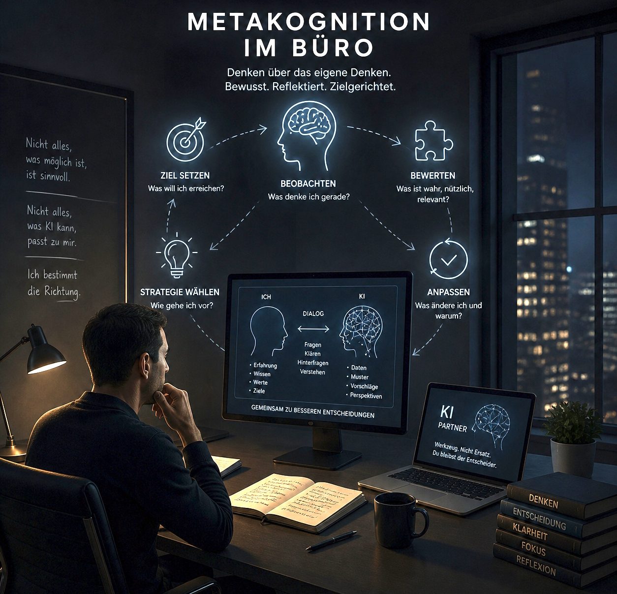 Mann im Büro mit mehreren Bildschirmen, die Metakognitionsthemen darstellen.