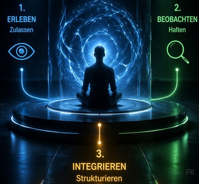 E5 Chat Raum Person meditiert vor leuchtenden, spiralförmigen Mustern und Texten zu Achtsamkeit.